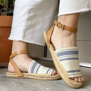 Tory Burch Striped Espadrille Ankle Strap Sandals Canvas & Leather Nautical 10